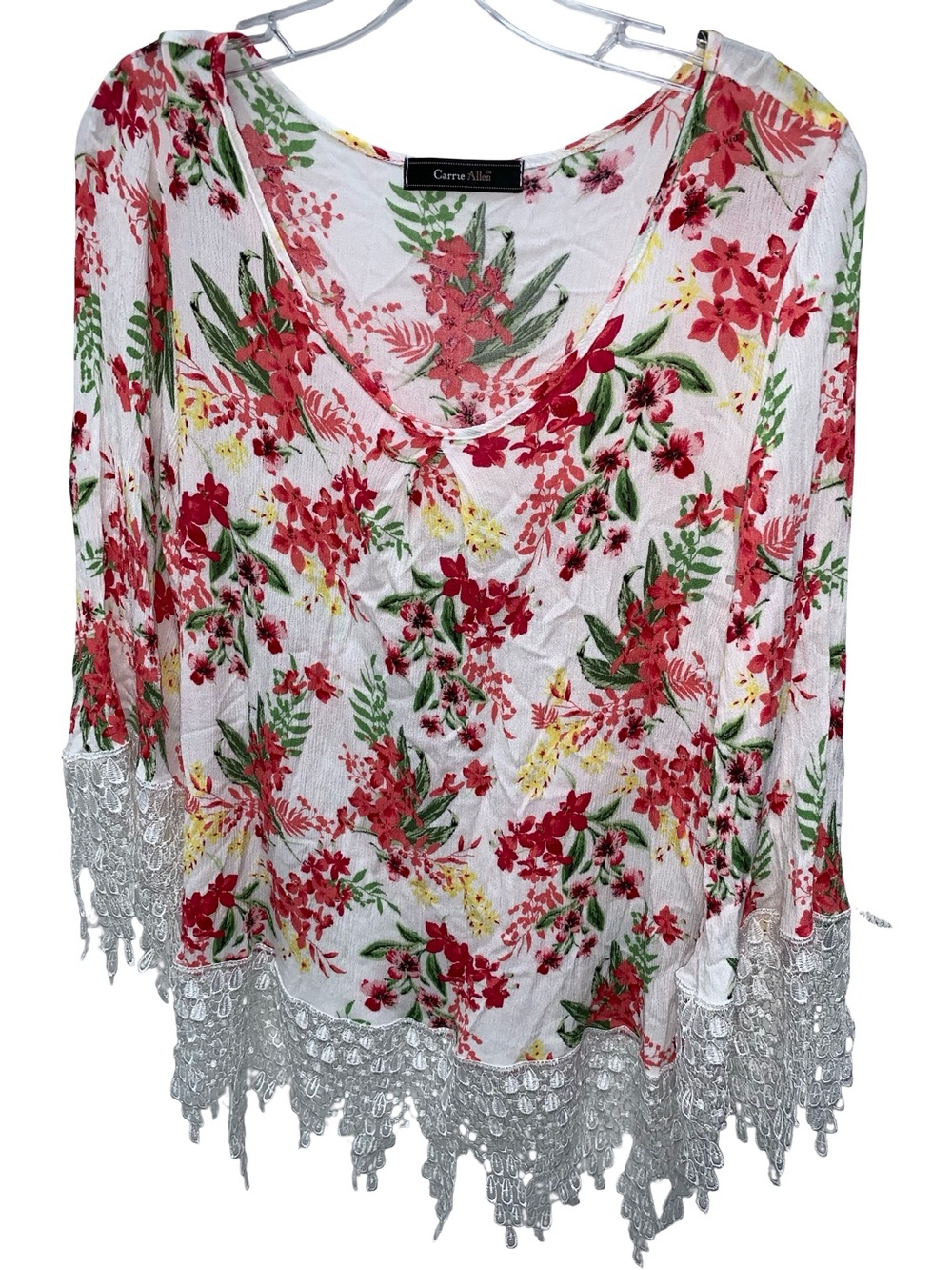 Carrie Allen Floral Top Bell Sleeves Crocheted Lace Trim Size Medium